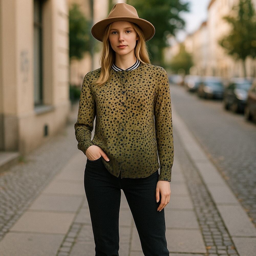 Women’s Artsy Funky Joe Fresh Silk Blouse Animal Print Small Business Casual